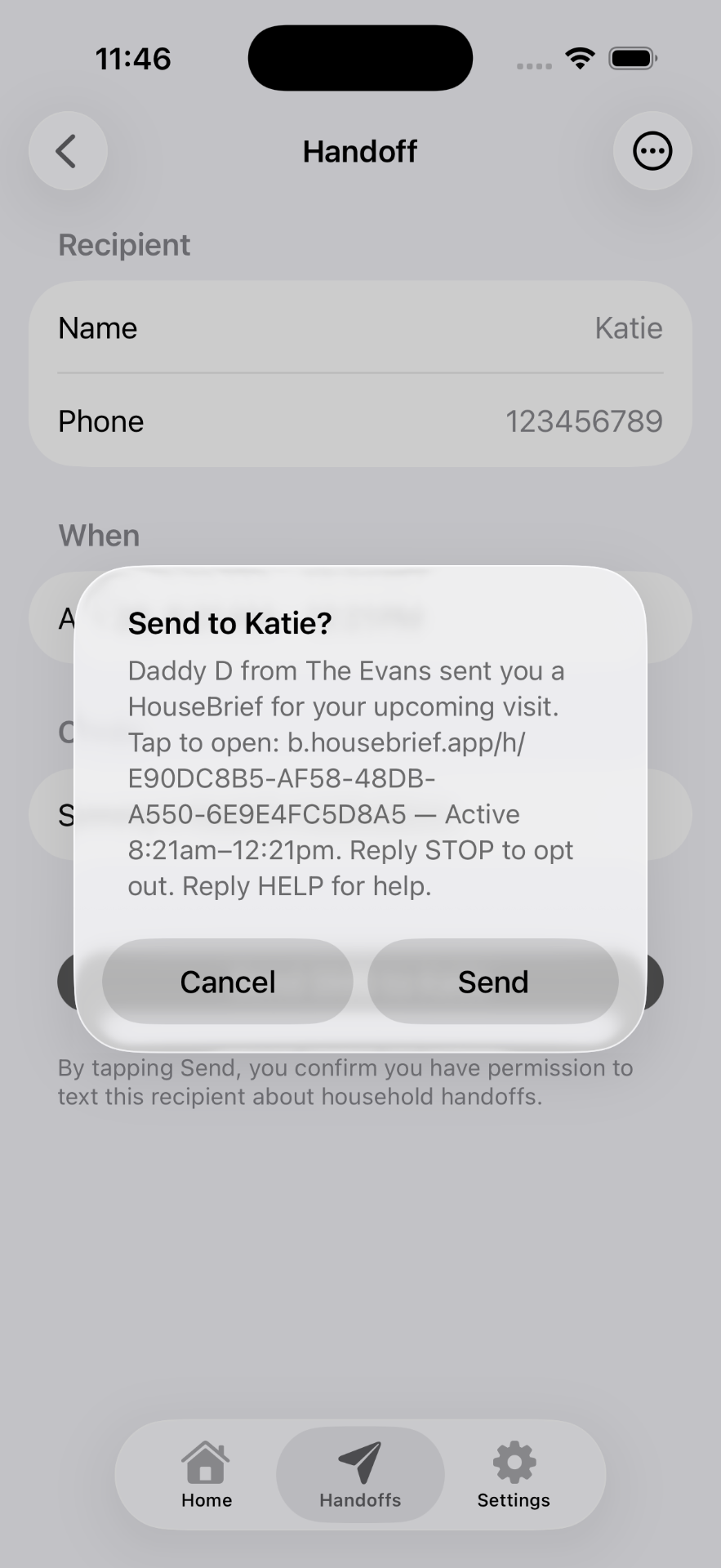 iOS confirmation alert titled Send to Katie? showing the literal SMS body that will be sent.