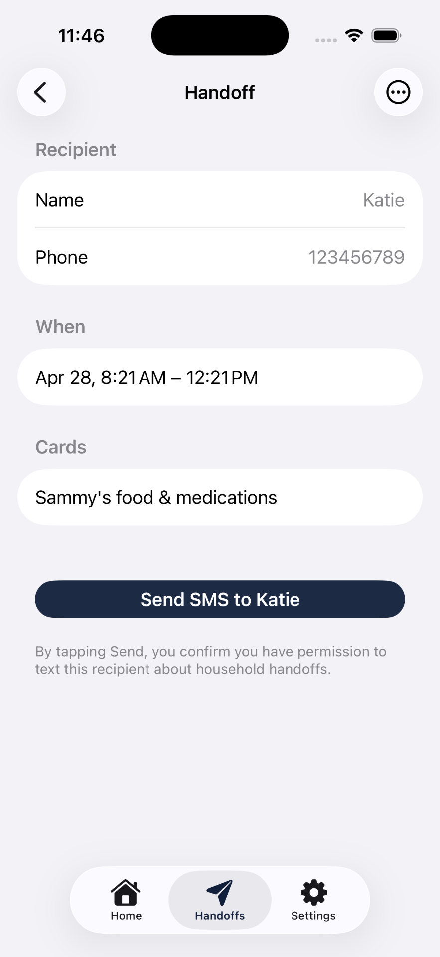 HouseBrief Handoff page showing the Send SMS to Katie button with the consent disclosure footer below it.